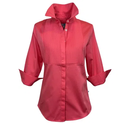 Perlavera Women's Red Cintuck Coral Satin Three Quarter Sleeve Slim Fit Pintuck Shirt