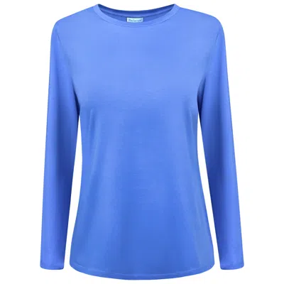 Perlavera Women's Tanya Blue Solid Cotton Spandex Long Sleeve Length Crew Neck T-shirt