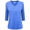 Perlavera Women's Tony  Blue Solid Cotton Spandex Three Quarter Sleeve Length V-neck T-shirt In Blue