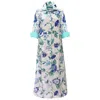 Perlavera Women's White / Blue Cassie Ivy Aqua Printed Slim Three Quarter Maxi Dress