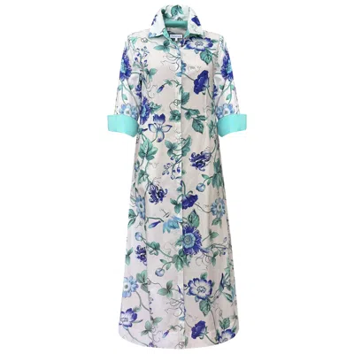 Perlavera Women's White / Blue Cassie Ivy Aqua Printed Slim Three Quarter Maxi Dress In Multi