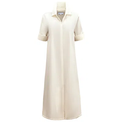 Perlavera Women's White Gigi Cream Solid Cotton Twill Spandex Short Sleeve Length Missy Fit Maxi Dress