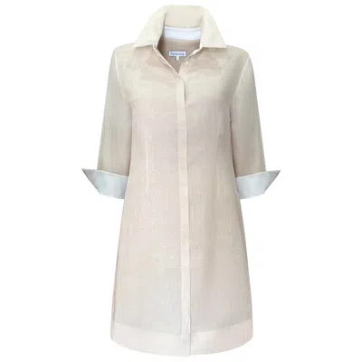 Perlavera Women's White / Neutrals Liam Beige-white Linen Three Quarter Sleeve Length Slim Fit Dress