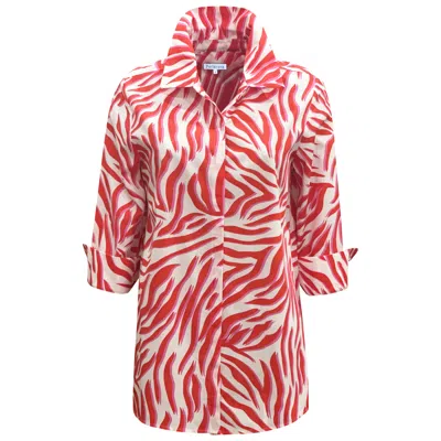 Perlavera Women's White / Red Magnolia Zebra Cherry Printed Three Quarter Sleeve Length Gathered Back Shirt In Multi