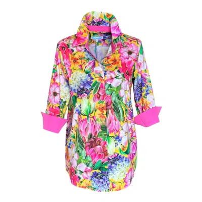 Perlavera Women's Yellow / Green / Pink Nancy Flower Yellow Three Quarter Sleeve Length Missy Fit Shirt In Multi