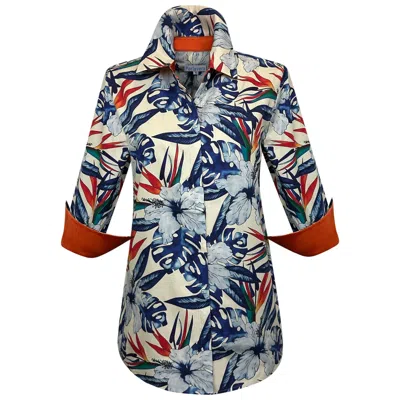 Perlavera Women's Yellow / Orange / Blue Cos Lilies Printed Three Quarter Sleeve Shirt In Yellow/orange/blue