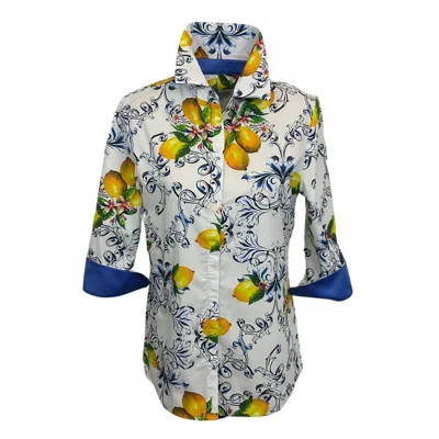 Perlavera Women's Yellow / Orange Cindy Lemon Printed Three Quarter Sleeve Regular Slim Shirt In Yellow/orange