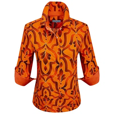 Perlavera Women's Yellow / Orange Cindy Tile Orange Printed Three Quarter Sleeve Regular Slim Shirt In Yellow/orange