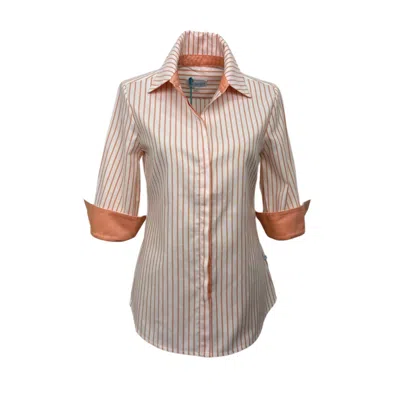 Perlavera Women's Yellow / Orange Sam Orange Stripe Hidden Placket Three Quarter Sleeve Slim Fit Cotton Oxford In Yellow/orange