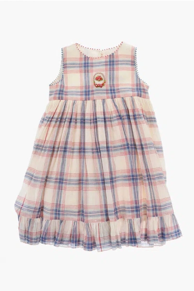Péro Checked Cotton And Silk Flared Dress With Front Embroidery A In Multi