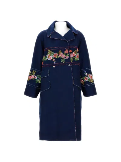 Péro Embroidered Double-breasted Coat In Blue
