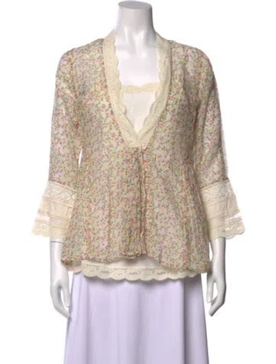 Pre-owned Péro Floral Print V-neck Blouse W/ Tags In Neutral