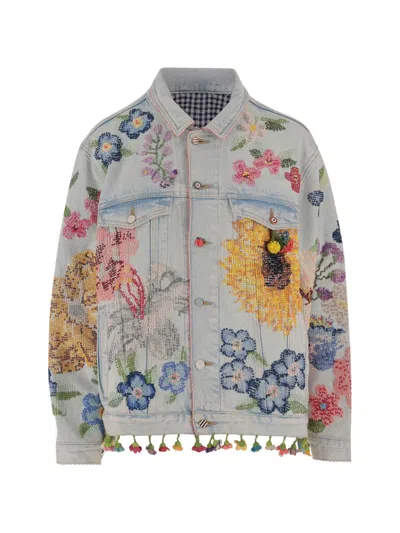 Péro Floral-embroidered Denim Jacket In Blue