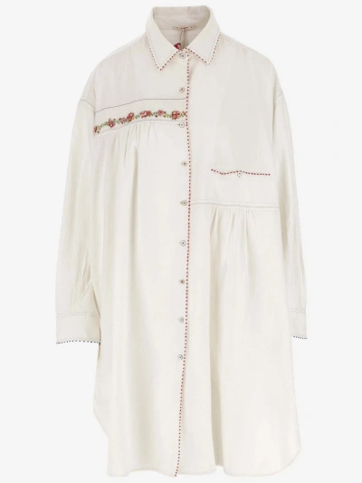 Péro Long Cotton Shirt With Floral Embroidery In White
