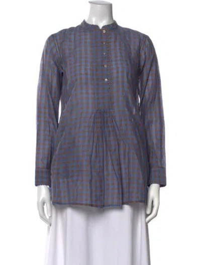 Pre-owned Péro Plaid Print Long Sleeve Top W/ Tags In Blue