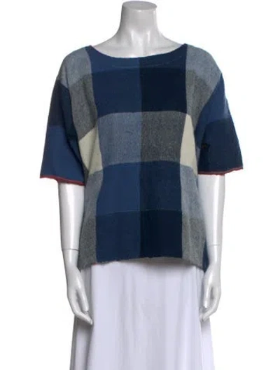 Pre-owned Péro Plaid Print Scoop Neck Blouse In Blue