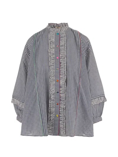 Péro Ruffled Checked Shirt In Blue