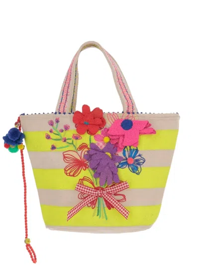 Péro Striped Floral-embroidery Tote Bag In Neutral