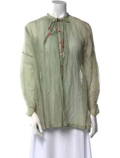 Pre-owned Péro Striped Mock Neck Button-up Top In Green