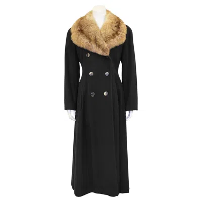 Pre-owned Perry Ellis 1980's Maxi Length Princess Style Coat With Fur Collar In Black