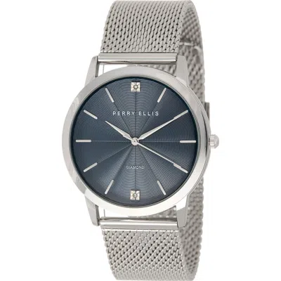 Perry Ellis 3-hand Quartz Diamond Solitaire Mesh Strap Watch, 41mm In Metallic