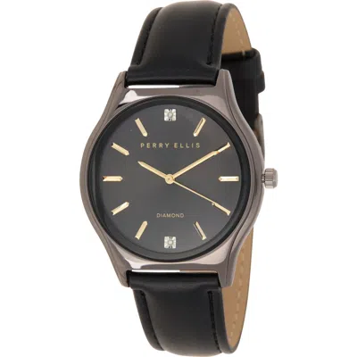 Perry Ellis Diamond Slim Faux Leather Strap Watch, 41mm In Black