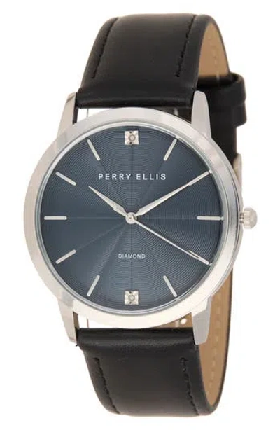 Perry Ellis Diamond Ultra Thin Faux Leather Strap Watch, 40mm In Blue