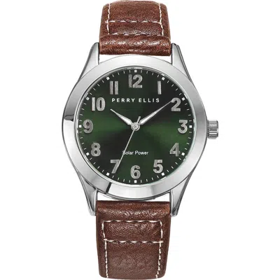 Perry Ellis Easy Read Solar Leather Strap Watch, 41mm In Brown