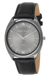 Perry Ellis Gunmetal Bezel Diamond Accent Leather Strap Watch, 41mm In Black