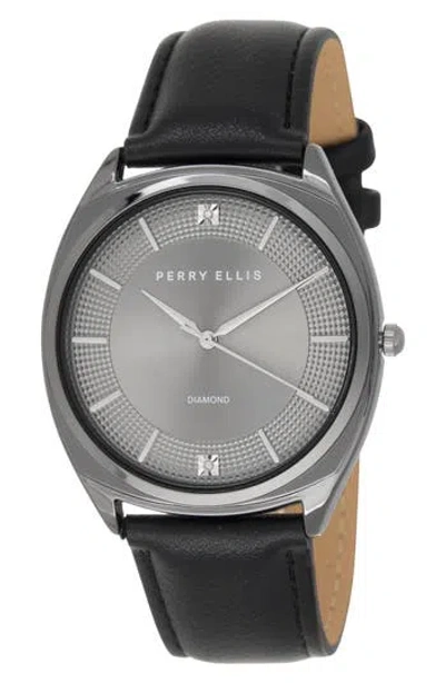 Perry Ellis Gunmetal Bezel Diamond Accent Leather Strap Watch, 41mm In Black
