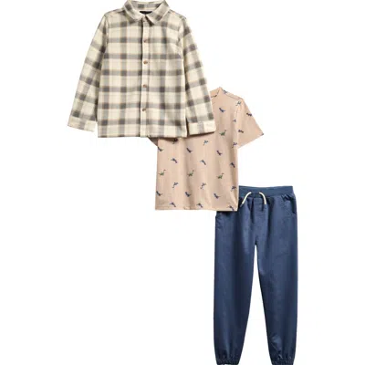 Perry Ellis Kids' Plaid Button-up Shirt, T-shirt & Joggers Set In Neutral