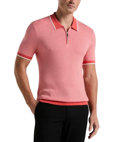 Perry Ellis Men's Bi-color Stitch Quarter-zip Short Sleeve Polo Shirt In Burnt Sienna