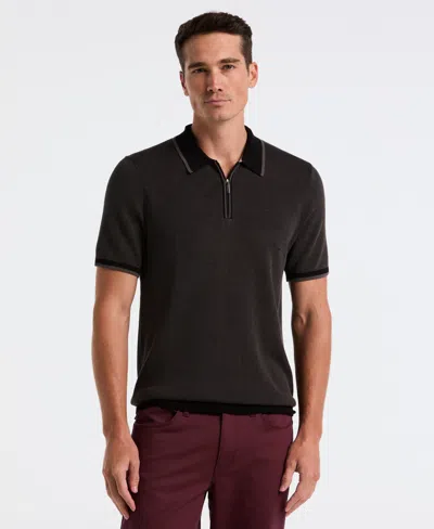 Perry Ellis Men's Bi-color Stitch Zip Polo Sweater In Black