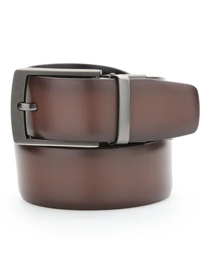 Perry Ellis Men's Cabernet Brown Leather Belt With Silver Buckle