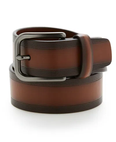 Perry Ellis Men's Casual Leather Belt With Embossed Pattern In Tan,brown