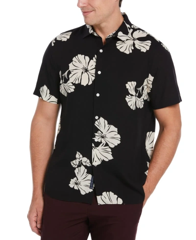 Perry Ellis Men's Contemporary Floral Print Short Sleeve Button-front Shirt In Black