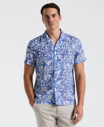 Perry Ellis Men's Linen Abstract Leaf Print Shirt In Bleached Denim,blue