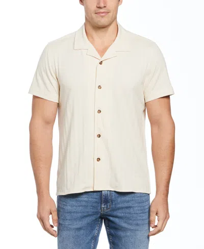 Perry Ellis Men's Textured Stripe Short-sleeve Button-front Camp Shirt In Birch,beige