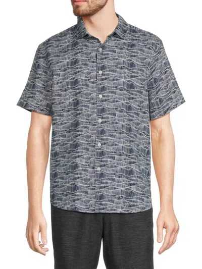 Perry Ellis Men's Short Sleeve Wave Linen Blend Button Down Shirt In Dark Sapphire