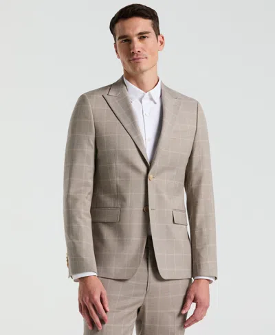 Perry Ellis Men's Skinny Fit Windowpane Pattern Suit Jacket In Tan,beige