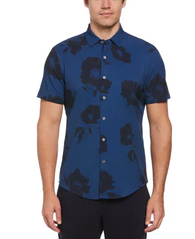 Perry Ellis Men's Slim Fit Contrast Floral Shirt In Titan,blue