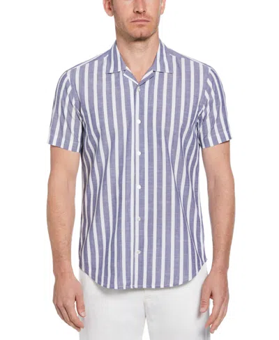 Perry Ellis Men's Slim Fit Linen-like Thick Stripe Print Shirt In Navy,blue