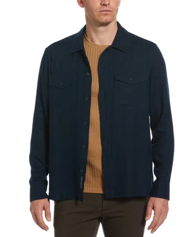 Perry Ellis Men's Slim Fit Long Sleeve Button Front Twill Shirt Jacket In Dark Sapphire,blue