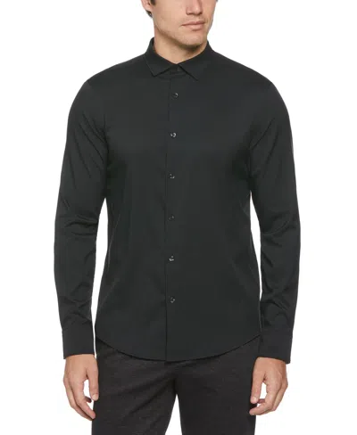 Perry Ellis Men's Slim Fit Untucked Total Stretch Solid Shirt - Black, Size Medium, 100% Polyester Long Sleeves