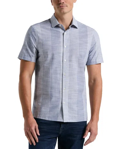 Perry Ellis Men's Slub Crepe Striped Print Short Sleeve Button-front Shirt In Blue Depths