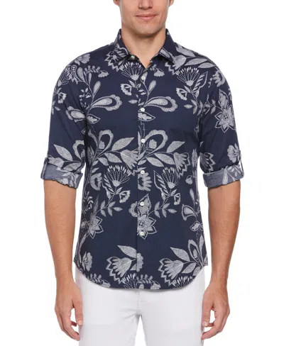 Perry Ellis Men's Untucked Floral Motif Shirt In Ink,blue