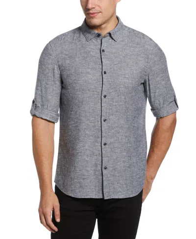 Perry Ellis Men's Untucked Slim Fit Linen Blend Rolled Sleeve Shirt In Navy,blue