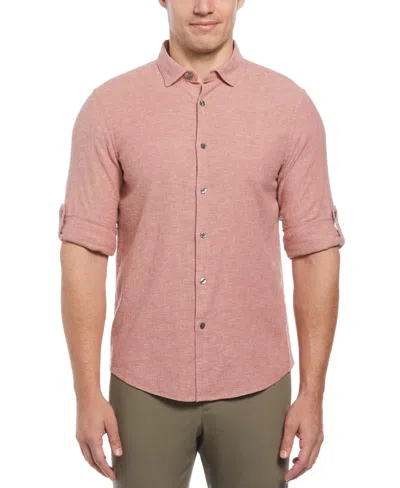 Perry Ellis Men's Untucked Slim Fit Linen Blend Rolled Sleeve Shirt - Red In Roan Rouge,red