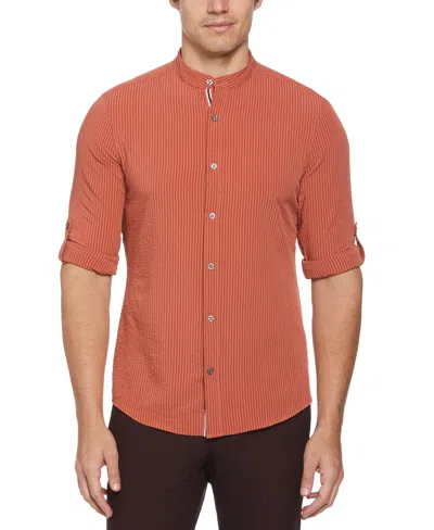 Perry Ellis Men's Untucked Total Stretch Slim Fit Seersucker Shirt - Orange In Etruscan Red,orange