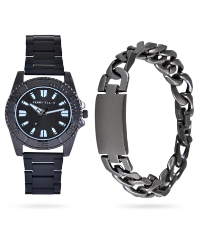 Perry Ellis Men's Watch And Bracelet Gift Set In Black,gunmetal
